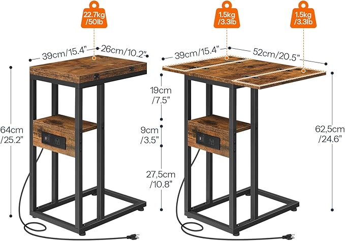 HOOBRO Foldable End Table, C Shaped Side Table with Charging Station, Sofa Couch Table that Slide Under for Living Room Bedroom Small Spaces, Easy Assembly, Rustic Brown and Black BF29USF01