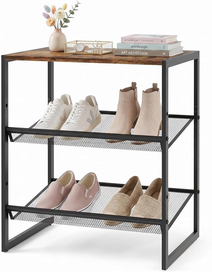 Shoe Rack，3 Tier Shoe Storage Organizer，Sturdy Shoe Shelf,Boot Rack with a Fine Mesh Shelves，for Entryway, Living Room, Hallway，Small Space,11.8 x 16.5 x 19.7 Inches,Brown