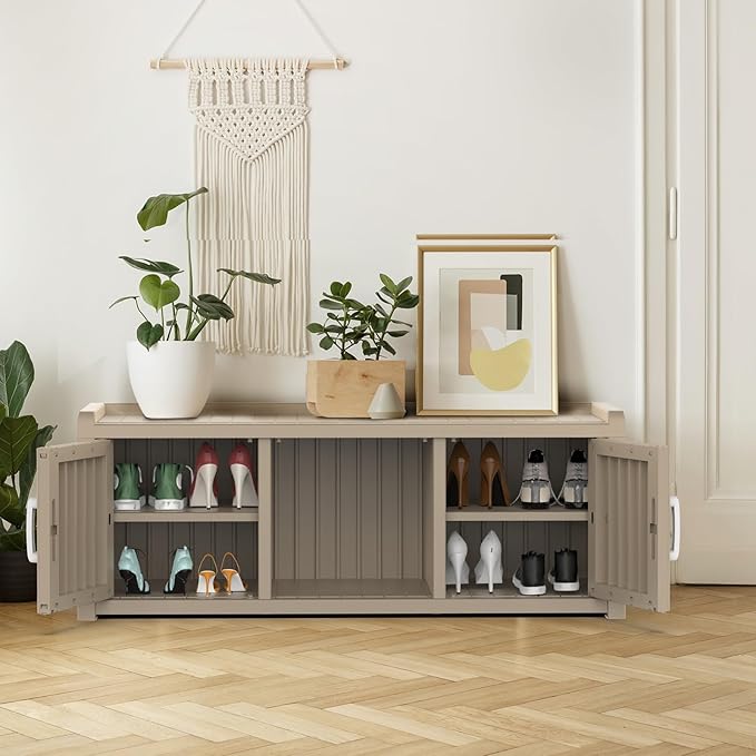 DRATO Shoe Storage Cabinet with Bench, Waterproof Shoe Cabinet with 2 Doors and Adjustable Shelf, Resin Storage Bench for Entryway Bedroom Hallway (Gray, 2 Doors)