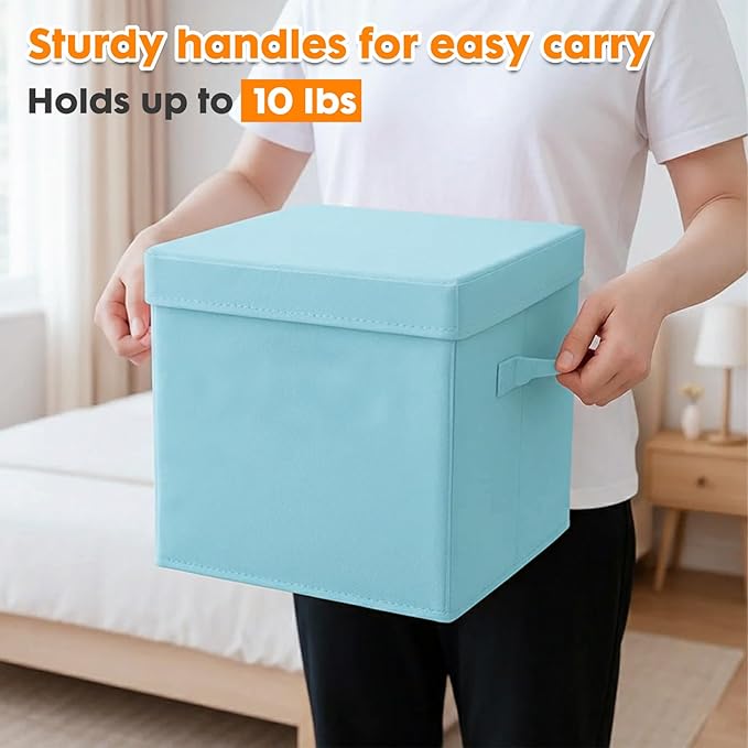 ShellKingdom Storage Bins, Foldable Fabric Storage Cubes with Lid, Clothes Storage Organizer Drawer For Closet Toys Storage, 10.5 X 10.5 X 11 INCH, 2 Pack (Light Blue)