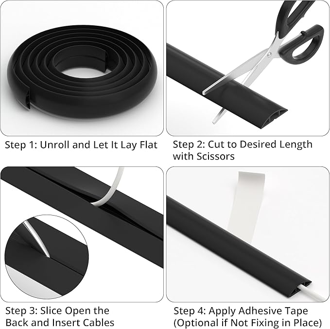ZhiYo 10ft Cord Covers for Wires on Floor, Cord Hider Floor Hide Extension Cords, Soft PVC Cable Cover Cable Protector, Cable Cavity W0.62in, H0.31in, Black