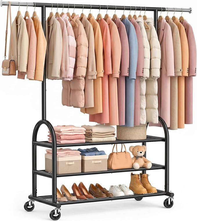EAGMAK Heavy Duty Clothes Rack for Hanging Clothes Load 688 LBS, Height Adjustable Rolling Clothing Racks, Portable Metal Coat Rack Garment Wardrobe with Wheels and 3 Shelves for Bedroom, Black