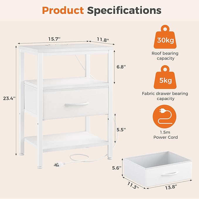 DUMOS Bedside Table with Charging Station and an Adjustable Fabric Drawer, and it is a Compact Nightstand, as Well as a 3-Tier Storage Organizer and an End Table for Bedroom, White