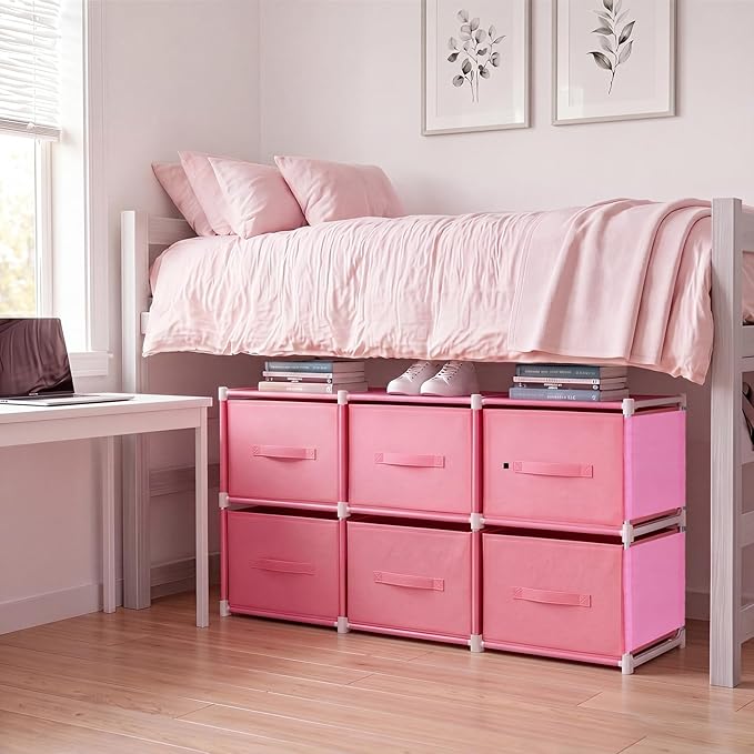 Geetery Under Dorm Bed Cube Organizer Shelf with 6 Cube Fabric Storage Organizer Bins with Handle Dorm Under Bed Closet Drawer for College Essentials Nursery Bedroom Living Room(Pink)