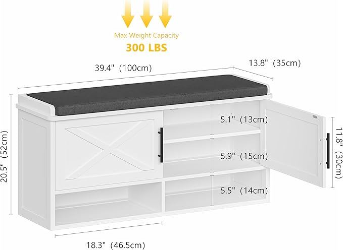 Farmhouse Shoe Storage Bench with Cushion, Entryway Bench with Adjustable Shelves and Open Bottom Shelf, Hidden Shoe Cabinet Storage for Entryway, Hallway, Living Room, Bedroom, White