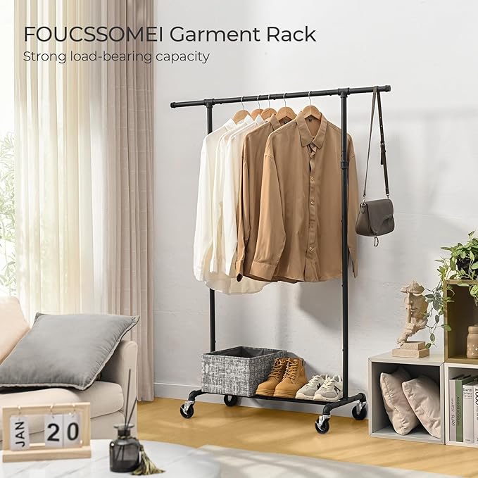 FOUCSSOMEI Clothing Rack with Wheels, Heavy Duty Clothes Rack, Rolling Garment Rack, Metal Clothing Hanger Rack, Closet Organizer, for Bedroom Living Room, Yard Sales, Commercial Grade, Black