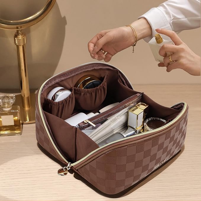 Prite Makeup Bag for Women Travel Waterproof Vegan Leather Cosmetic Bag Open Flat Toiletry Bag With Clear Divider and Handle (Plaid Brown, Medium)