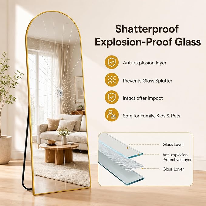 Antok Full Length Mirror, 44"x82" Floor Mirror with Stand, Hanging Mounted Mirrors for Bedroom, Living Room, Cloakroom, Dining Rooms, Gold, Arched