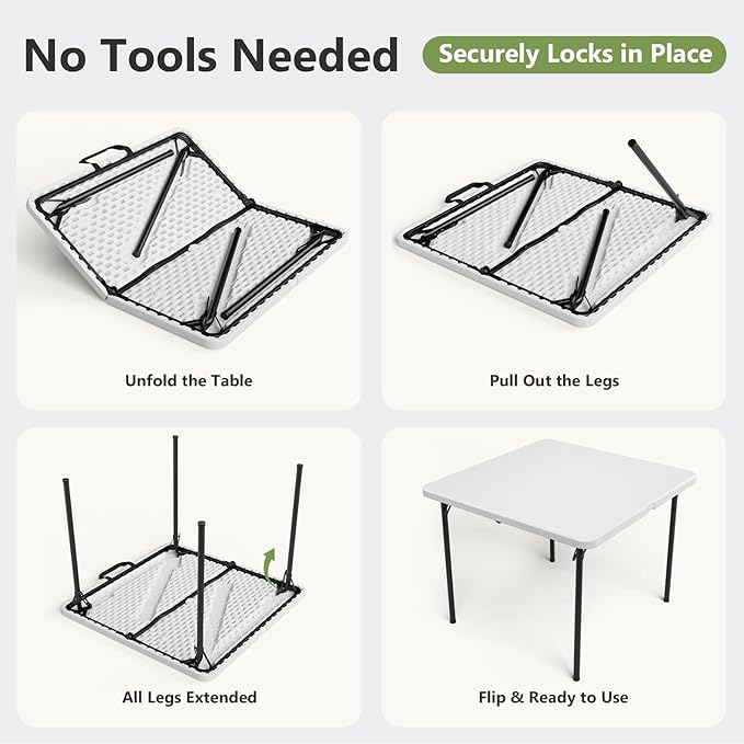 Folding Table, 36 Inch Square Foldable Card Table with Carrying Handle, Heavy Duty Fold-in-Half Portable Table No Assembly, Ideal for Picnic, Camping, RV Travel, Parties, BBQs, Crafting and Indoor Use