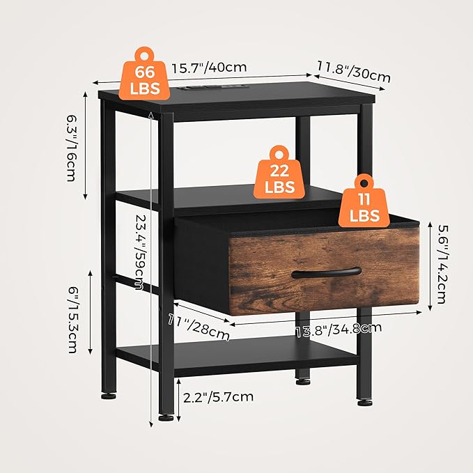 DUMOS 3-Tier Storage, Bed Side Tables with Wireless Charging Station, End Tables with Adjustable Fabric Drawers, Nightstand Set of 2, Modern Design, Black Rrown