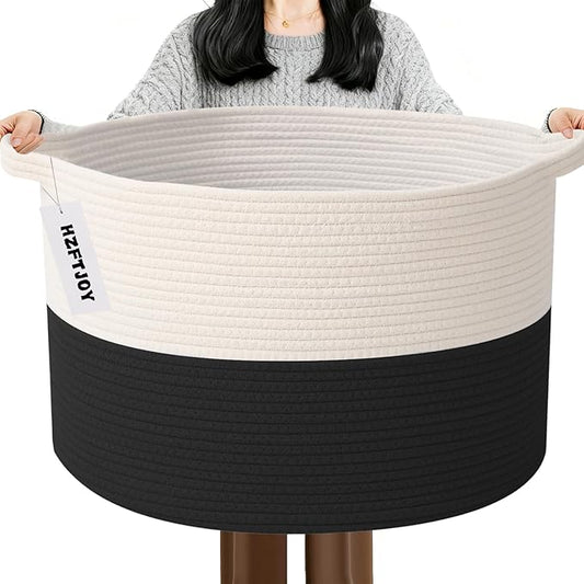 115L Extra Large Blanket Basket,Woven Rope Laundry Basket Hamper with Handles, Decorative Nursery Basket Storage Bin for Toys, Clothes Organizer, Living Room, Bedroom, Bathroom, White&Black