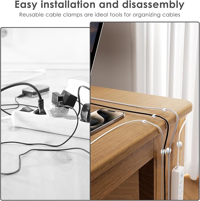 190-Piece Cable Management Kit, 100 R-Type Clips 60 Reusable Cable Ties 30 Multi-Slot Wire Holders, Self-Adhesive Cord Organizer for Desk, Under Desk, Nightstand, Gaming Setup, Office & Home