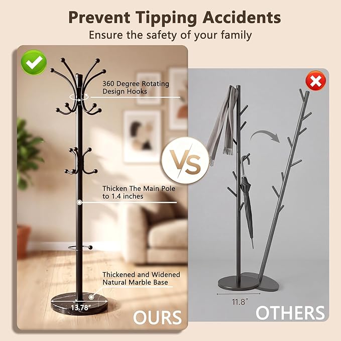 Metal Coat Rack Freestanding with Natural Marble Base, 360° Roraty Coat Rack Stand with 16 Hooks & Umbrella Holder, Black Heavy Duty Coat Rack for Coats Hats for Entryway Bedroom (Black)