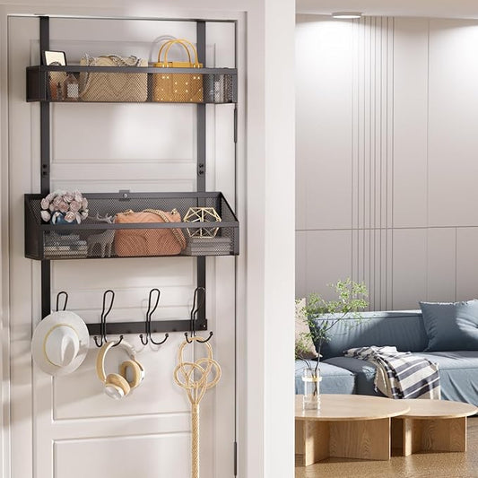 2-Tier Over Door Hook & Basket Organizer 12 Hooks + 2 Mesh Baskets for Bathroom Towels, Kitchen Pantry & Bedroom Storage, No-Drill Hanging Rack, Black