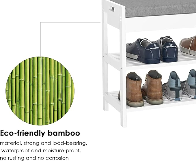 HIFIT 2-Tier Entryway Shoe Rack Bench with Storage, 36 in Bamboo Storage Bench with Padded Seat, Shoe Oiganizer Shelf for Entryway Mudroom Bathroom Hallway, White
