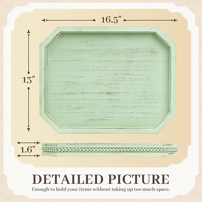 Wooden Decorative Tray, Rustic Sage Serving Tray with Wood Bead, Coffee Tabl, 16.5" x 13"x 1.6" (Sage Green)