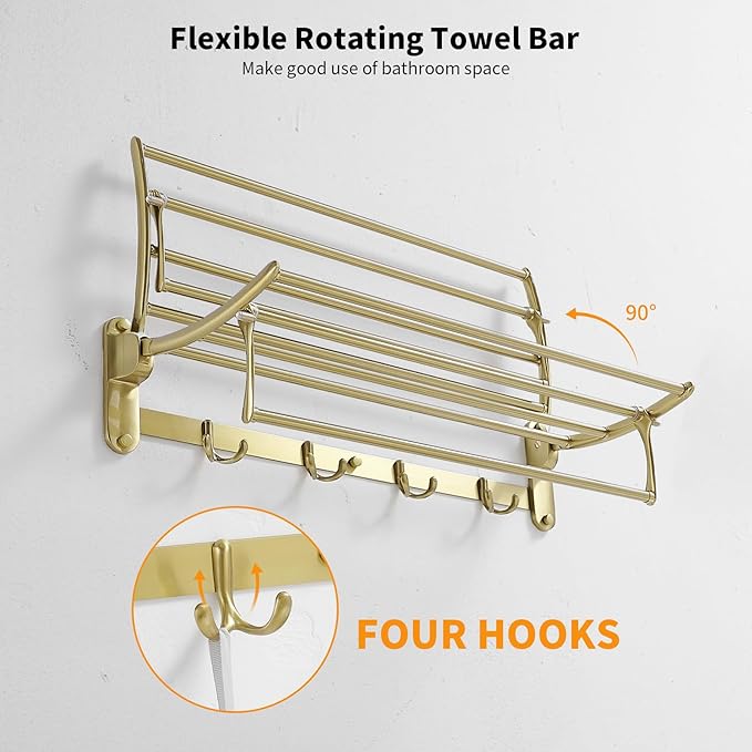 BESy 24 Inch Brushed Gold Towel Racks, Bathroom Towel Shelf with Foldable Towel Bar Holder and Towel Hooks, Wall Mounted Multifunctional Bathroom Accessories, Double Towel Bars
