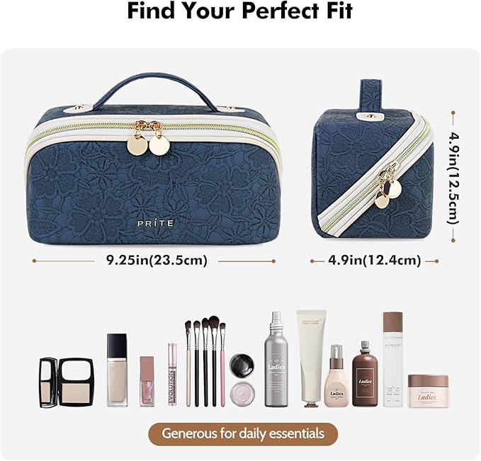 Prite Makeup Bag for Women Travel Waterproof Vegan Leather Cosmetic Bag Open Flat Toiletry Bag With Clear Divider and Handle (Blue Flower, Medium)