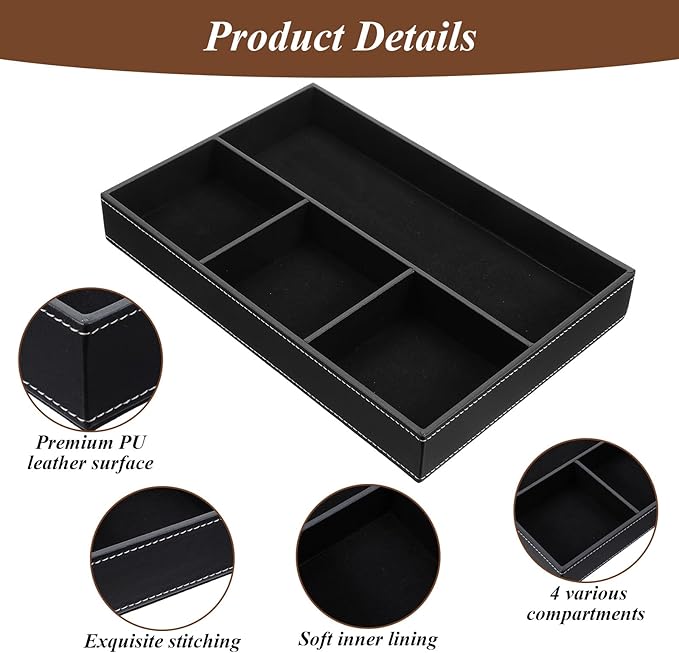 2 Pieces Leather Valet Tray Nightstand Drawer Organizer Stackable Jewelry Organizer For Drawer Key Wallet Sunglass Watch Coin Phone Bedside Dresser Top Tray Black