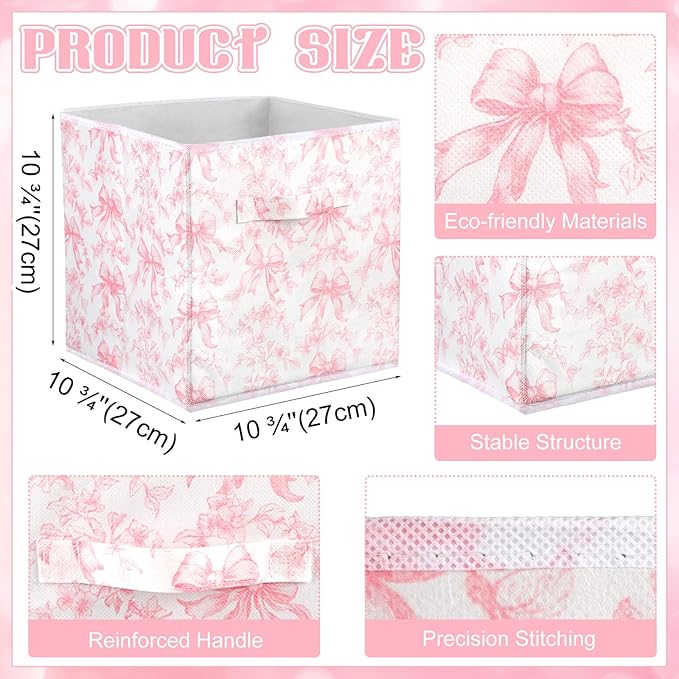 Geelin 6 Pcs Pink Floral Bow Cube Storage Bins 11 Inch Pink Flower Storage Basket with Handle, Preppy Girls Organizer Basket, Collapsible Fabric Box for Classroom Bedrooms Office Home Decoration Gift