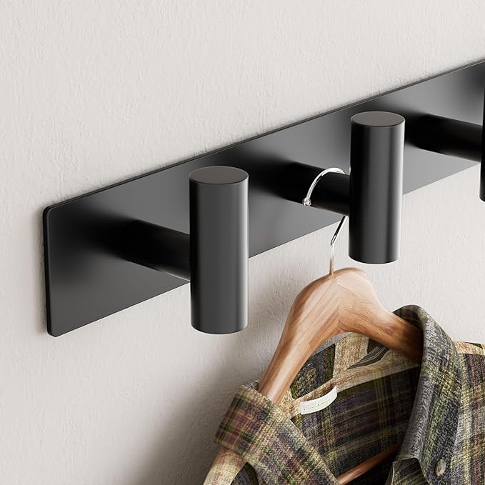 GWAAZXGZ Black Wall Mounted Coat Rack – 5 T-Shaped Pegs for Hats, Bags & Towels, Heavy-Duty Metal Rail for Entryway, Bathroom, Closet, Bedroom (2 Pack)