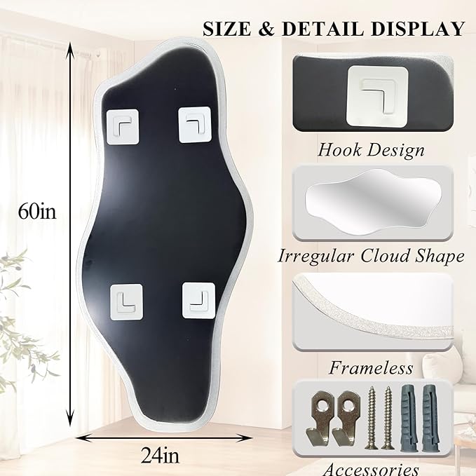 Irregular Wall Mirror, 60"x24" Large Asymmetrical Tempered Glass Mirror, Modern Silver Organic Frameless Mirrors for Living Room Bedroom Hallway Entryway, Horizontal or Vertical Hanging
