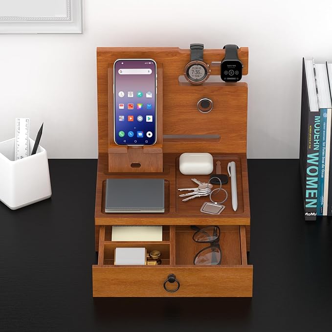 upcessory Nightstand Organizer, Wood Bedside Organizer Docking Station, Gifts for Men, Nightstand Drawer Organizer for Cellphone, Watch, Sunglasses & Accessorie