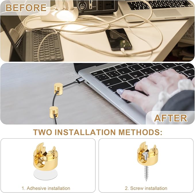 3pcs Gold Cable Anchors, Metal Phone Charger Cord Holders Cable Management Clips Multi-Function Aluminum Wire Organizer for Home Office Desktop Wall Nightstand