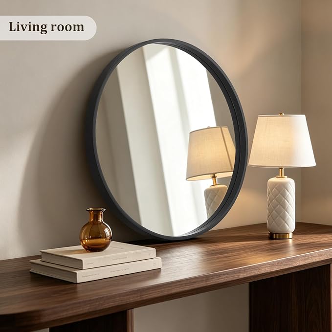 HOMECOOKIN Round Wood Mirror 28 inch Circle Mirror, Rustic Farmhouse Wooden Framed Decorative Wall Decor, Vanity Wall Mirror for Bathroom, Bedroom, Entryway, Living Room (Black)