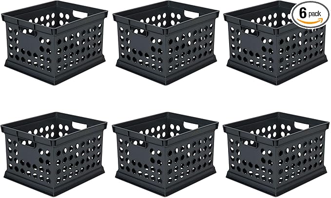 Sterilite Stackable Plastic Storage Crate Bin Organizer File Box with Handles for Home, Office, Dorm, Garage, or Utility Organization, Black, 6-Pack