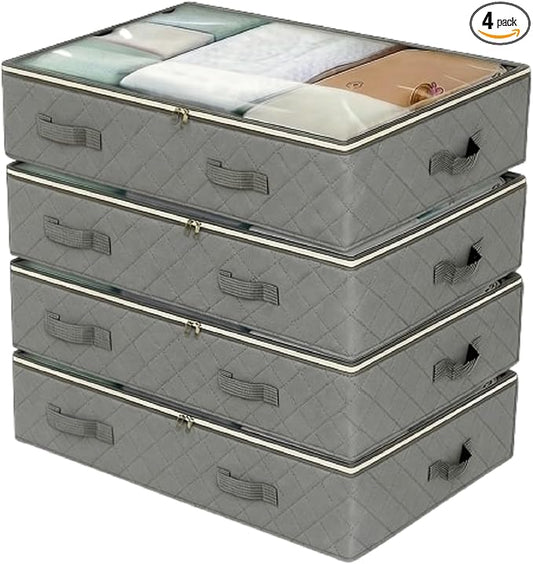 4 Pack 90L Under Bed Storage, Closet Organizers and Storage Containers with Clear Window Foldable Underbed Storage Bags for Clothes,Shoes, Blankets Pillows, Linen Sheets, Grey