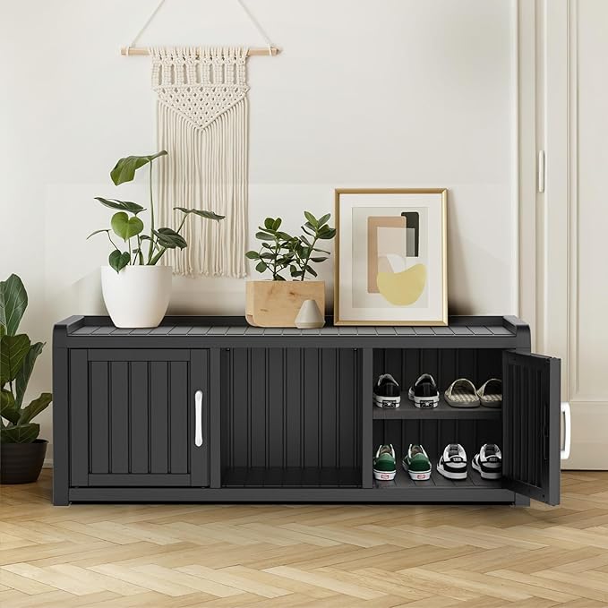 DRATO Entryway Shoe Cabinet with Bench, Waterproof Shoe Cabinet with 2 Doors and Adjustable Shelf, Resin Storage Bench for Bedroom Hallway Foyer (Black, 2 Doors)