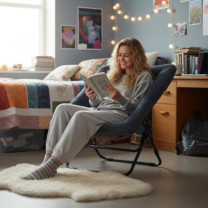 Tiita Comfy Folded Chair, Soft Faux Fur Oversized Folding Accent Chair, Lazy Chair for Teens Adults, Metal Frame Moon Chair for Bedroom, Living Room, Dorm Rooms