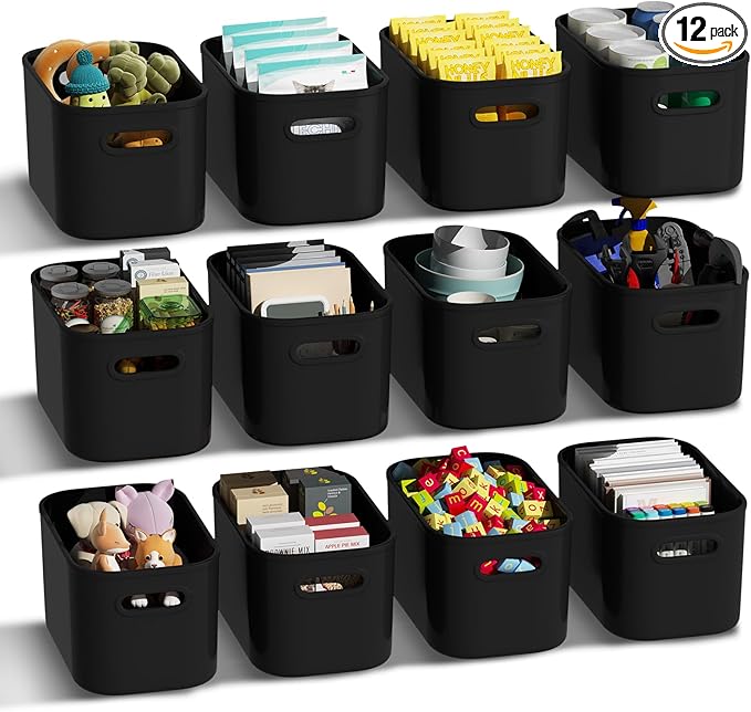ORGIDOL 12 Pack Black Plastic Storage Bins, Storage Container for Organizing, Storage Boxes with Handle for Shelves, Cute Organizer Bins for Craft, Snacks, Pantry, Cabinet, 8.7x6.7x5.66inch