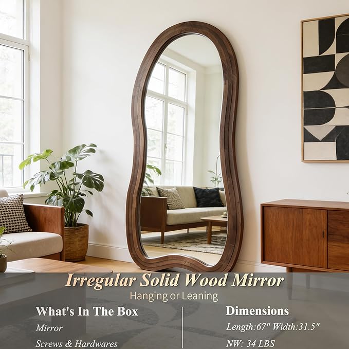 Large Irregular Floor Mirror, 67"x31.5" Asymmetrical Full Length Mirror with Triple Layer Solid Wood Frame, Organic Shaped Mirrors for Living Room Entryway Hallway Bedroom, Leaning/Hanging