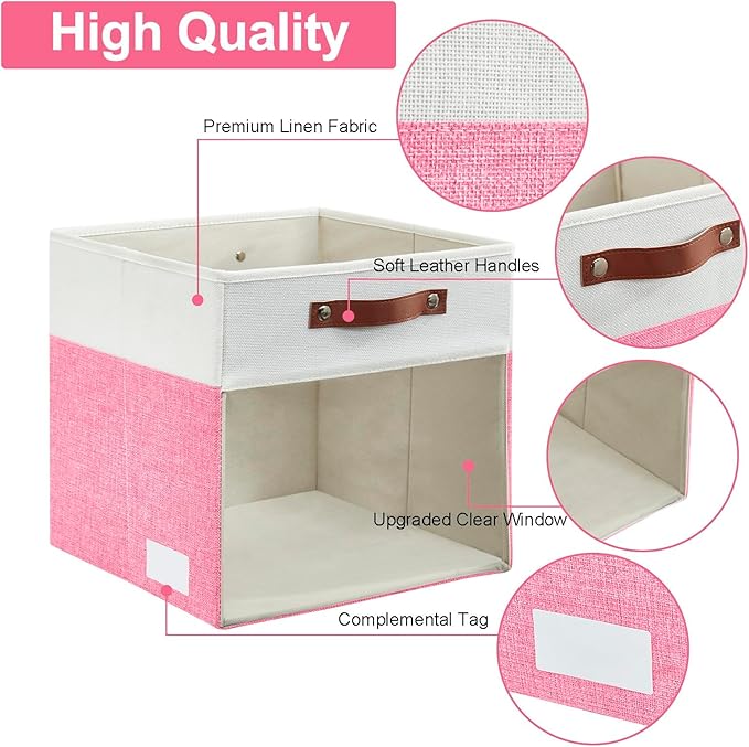 Bagnizer Storage Cubes, 4 Pack Linen Foldable Storage Bins with Clear Window and 2 Handles, 13x15x13 Storage Cube Bins for Shelf Closet, Kallax, Clothes, Books - (Pink / Off-White)