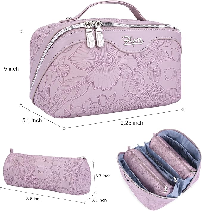 BOYATU Travel Makeup Bags Cosmetic Organizer Bag: 3-Set Large Capacity Make up Bag - PU Leather Toiletry Bags for Women - Wide Open Portable Pouch with Divider & Handle (01-Z-Light Purple)