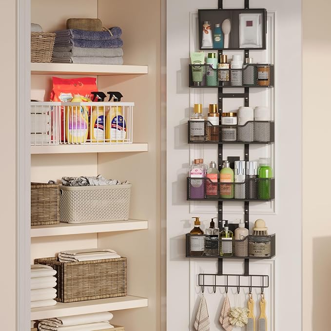 Hongtamoya Adjustable Over The Door Organizer, Closet Door Organizer Heavy Duty Hanging Door Storage with 4 Metal Baskets and PVC Pocket, Behind Organizer for Bathroom Closet Bedroom Cabinet, Black