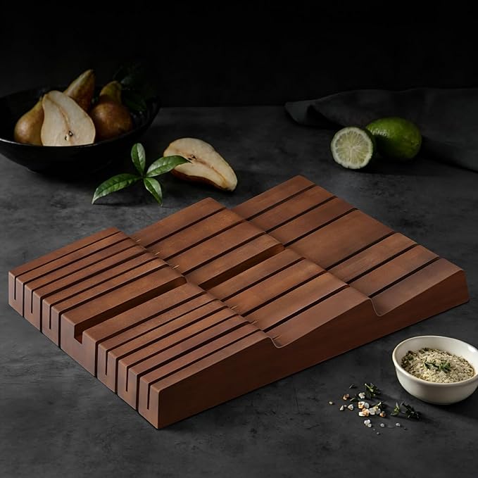 HOSHANHO In-Drawer Knife Block, Large Bamboo Knife Drawer Organizer for 12 Knives, Kitchen Steak Knife Holder for Sharpening Steel, Brown (Knives & Sharpening Not Included)