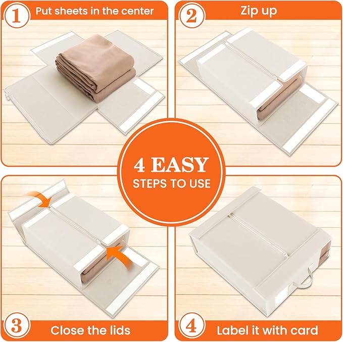 WOWBOX Sheet Organizers and Storage,Closet Bed Sheet Organizer Under Bed Storage and Organization with Label Cards & Clear Window for Bedding Sheets,Duvet Covers,Blankets (8 Pack，Beige)