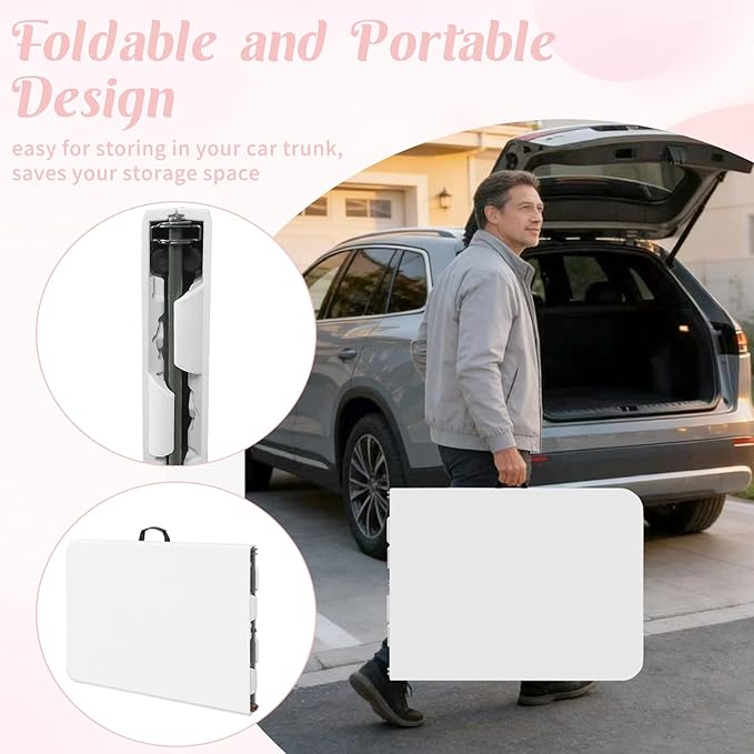 Fivenl 5 Feet Portable Folding Table White, Steel Legs Fold-in-Half with Carrying Handle Rectangular Plastic Foldable Table for Party, Wedding, Camping, Picnic, Dining, Indoor Outdoor Events