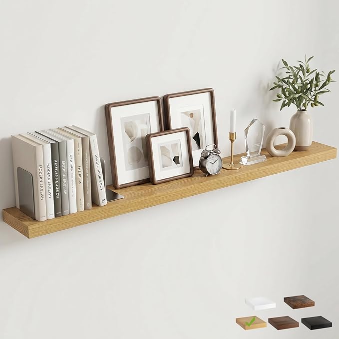 Venusmiles Floating Shelves for Wall, 55 Inch Floating Shelves Set of 1, 6.5" D Wooden Wall Mounted Display Shelves with Invisible Brackets for Living Room, Bedroom, Bathroom, Kitchen Decor, Oak