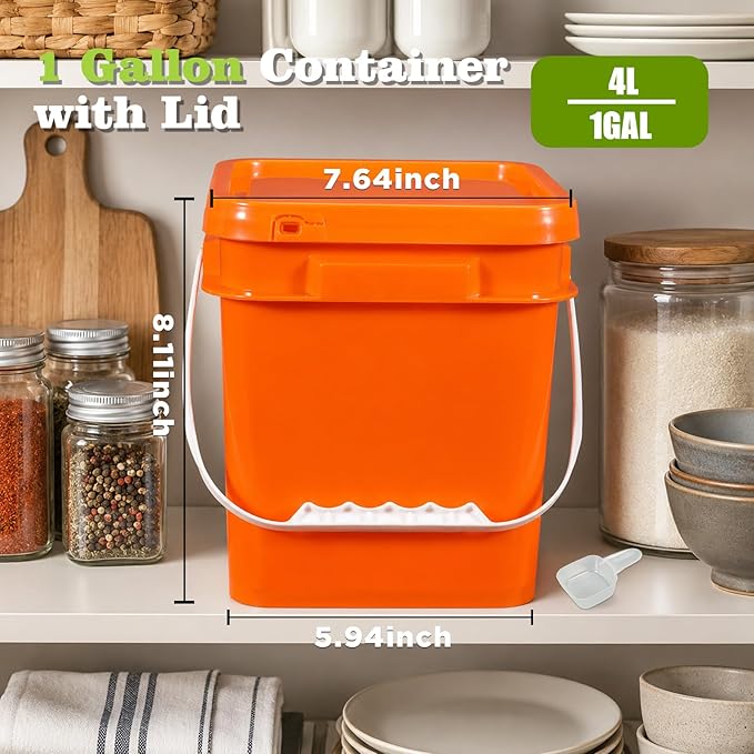 DEMORA 1Gallon Food Grade Square Plastic Bucket with Lid, Airtight Storage Container, Reusable Pail for Kitchen Food Water Ice Cream Household Use (Orange, 4Pcs)