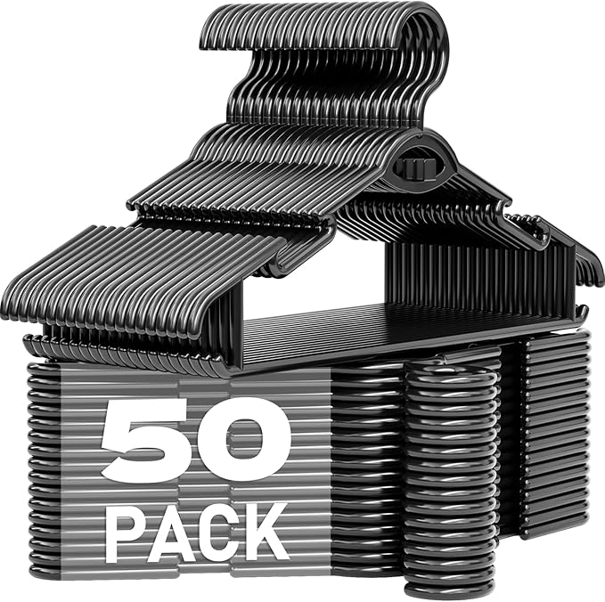 Heavy Duty Plastic Hangers 50 Pack, Stackable Space Saving, with 360° Swivel Hook, Non Slip Shoulder Grooves, for Suits, Shirts, Coats, Durable & Strong Closet Organizers, Black