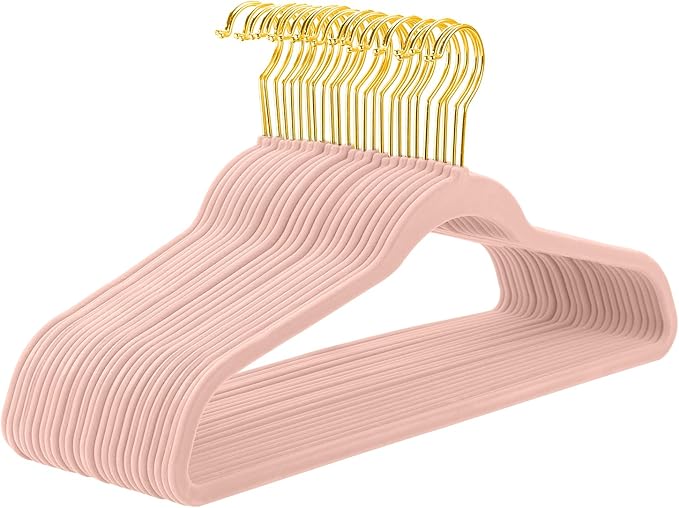 MIZGI Blush Pink Velvet Hangers 60 Pack,Premium Gold Clothes Hangers Non-Slip Felt Hangers,Sturdy Pink Hangers Heavy Duty Coat Hangers,Durable Suit Hangers for Space Saving, No Hanger Marks