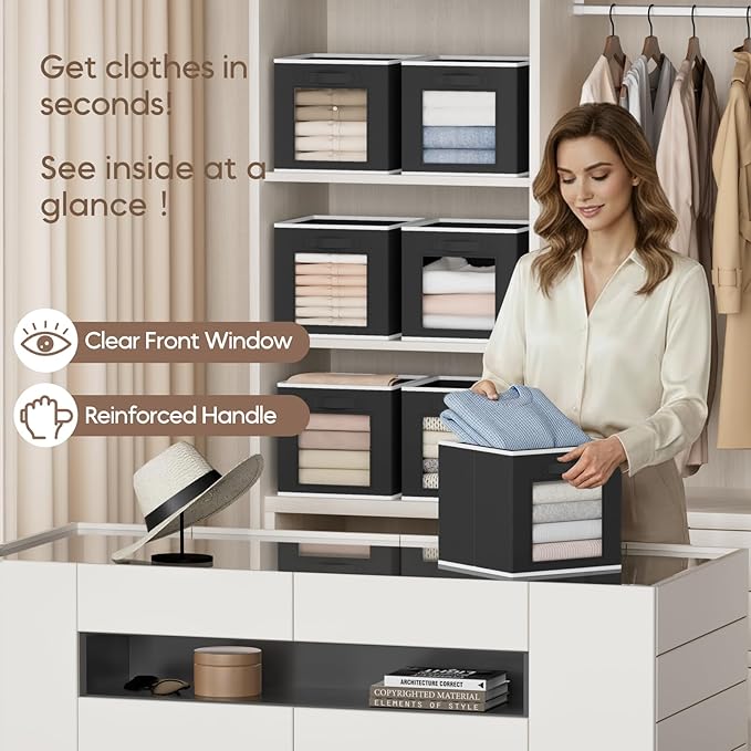 Homsorout Foldable Storage Cubes - Cubby Storage Organizer with Window, Decorative Baskets for Organizing, 11 Inch Fabric Cube Shelf Bins, Set of 10, Black