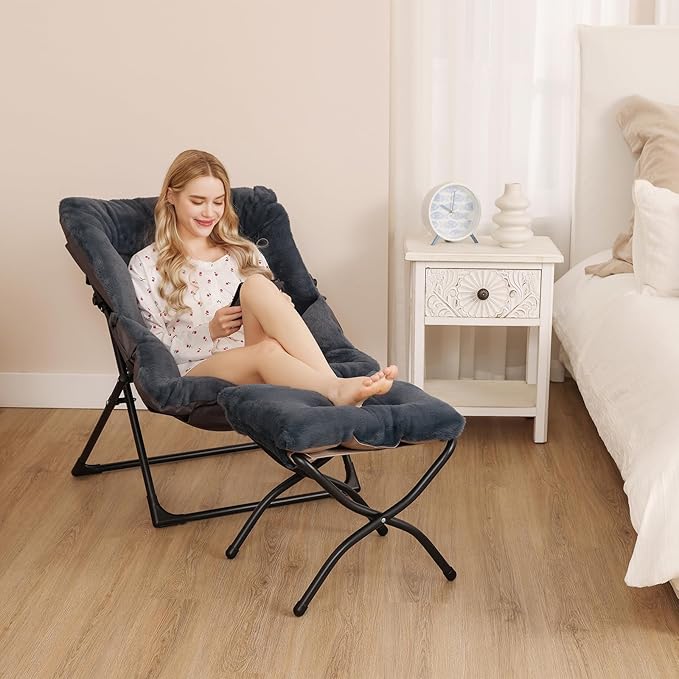 Comfy Saucer Chair for Adults, Set of 2, Soft Faux Fur Bedroom Chair, Accent Dorm Chairs, Flexible Living Room Reading Chairs, Oversized Folding Seat for Teens, X-Large, Navy Blue