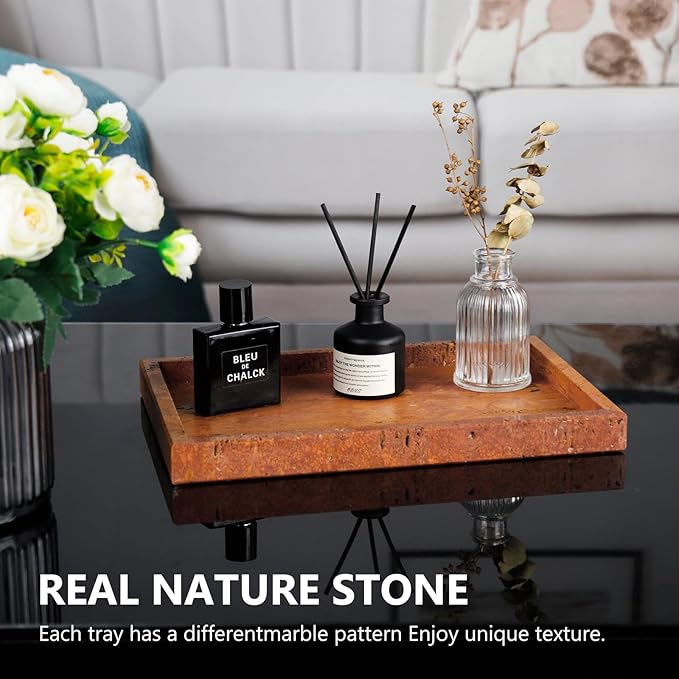 Real Natural Marble Tray for Bathroom, Vanity, Kitchen and Desktop, Rectangle Genuine Marble Stone Tray for Jewelry, Cosmetics, Candles, Lotion, Perfume (Red, 12" x 8" x 1.2")