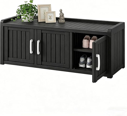 2-Tier Storage Bench, Waterproof UV-Resistant Outdoor Shoe Storage Cabinet with 3 Doors & Adjustable Shelves for Indoor Outdoor Entryway, Hallway, Living Room (Classic Black)