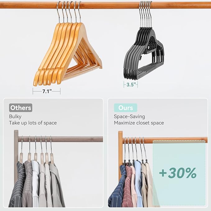 NCXTKJ 30 Pack Non-Slip Clothes Hangers with Tie Rack, Thin Space-Saving Coat Hangers – Heavy Duty Plastic Clothes Hangers for Suit, Shirts, Pants, Dorms & Home Organization, Black and Dark Gray